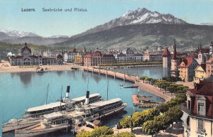 A040 Switzerland Luzern Seebruecke bridge Pilatus steamboat vintage postcard