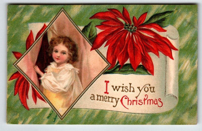 Christmas Postcard Small Child Girl Poinsettia Flowers Embossed German Vintage