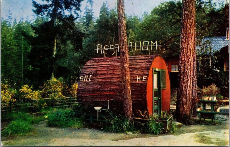 Vtg California CA Grundy's Redwood Highway Terrace He & She Restroom Postcard