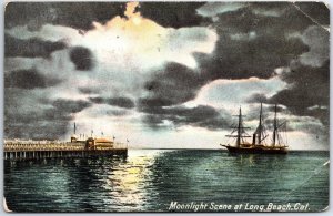 VINTAGE POSTCARD MOONLIGHT SCENE AT LONG BEACH CALIFORNIA MAILED 1912