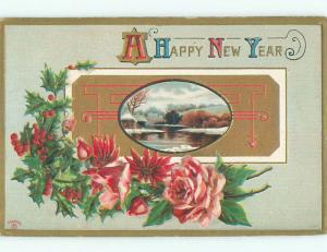 Pre-Linen new year BEAUTIFUL POINSETTIA AND PINK ROSE FLOWERS k5090