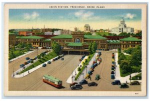 c1940 Birds Eye View Union Station Classic Cars Providence Rhode Island Postcard