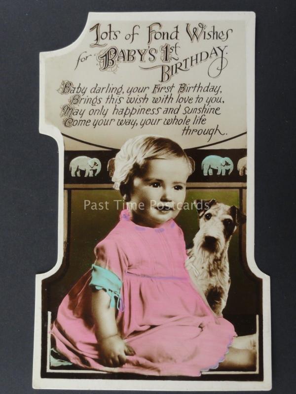 c1930's BABY AND SMALL DOG Cut Out Numeral BABY'S 1st Birthday Postcard