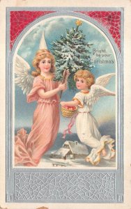 ANGELS TREE CHRISTMAS HOLIDAY EMBOSSED POSTCARD (c. 1910)