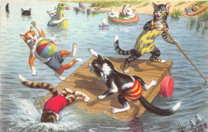 F60/ Alfred Mainzer Dressed Cats Postcard c1940s Swimming Lake Dock 13