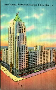 Fisher Building Grand Boulevard Detroit Michigan MI UNP Linen Postcard D14