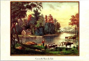 Currier & Ives Cows On The Shore Of A Lake Calendar Print 9 1/2 X 7 Size