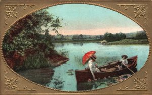 Vintage Postcard 1909 Sweet Couple Lovers Boating Ride on the River Romantic