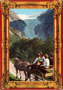 postcard Norway - Tourists in horse-drawn cart at Briksdal Galcier