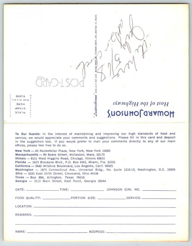 Howard Johnson's Hotel - Comment Card - Postcard