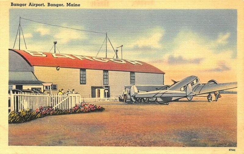 Bangor ME Airport Prop Airplane Linen Postcard