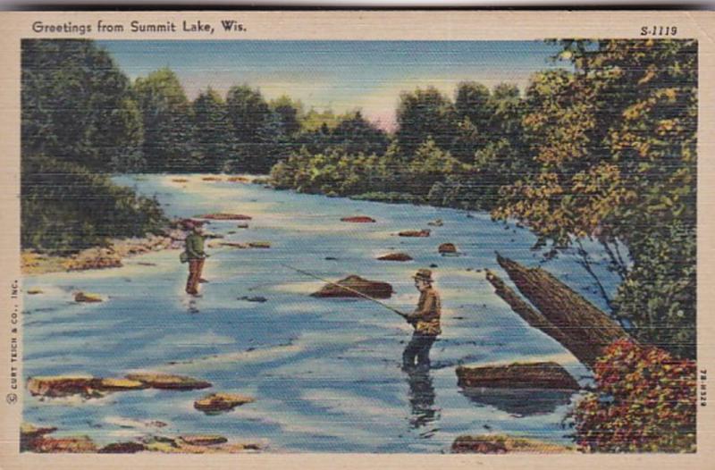 Wisconsin Greetings From Summit Lake Fishing Scene Curteich