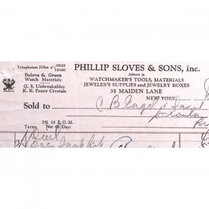 1935 NEW YORK PHILLIP SLOVES & SONS WATCHMAKER JEWELER BILLHEAD INVOICE Z138