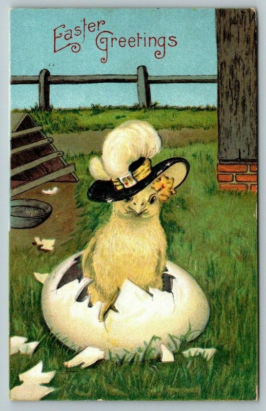 Easter Fantasy~Pretty Chick Girl Hatches from Egg in Feather Hat~Barnyard~Emboss 