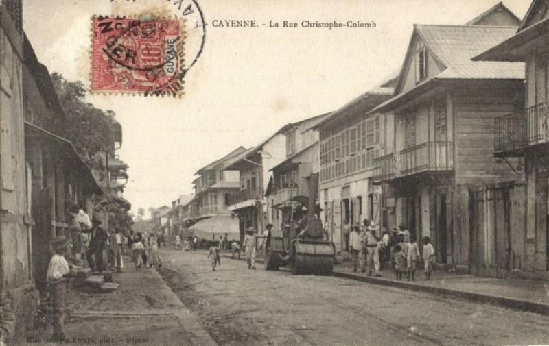 french guiana, Guyane, CAYENNE, Rue Christophe-Colomb, Steamroller 1907 Postcard 