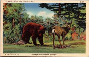 Greetings from Paradise Michigan, Little Deer with Bear Behind Vtg Postcard M04