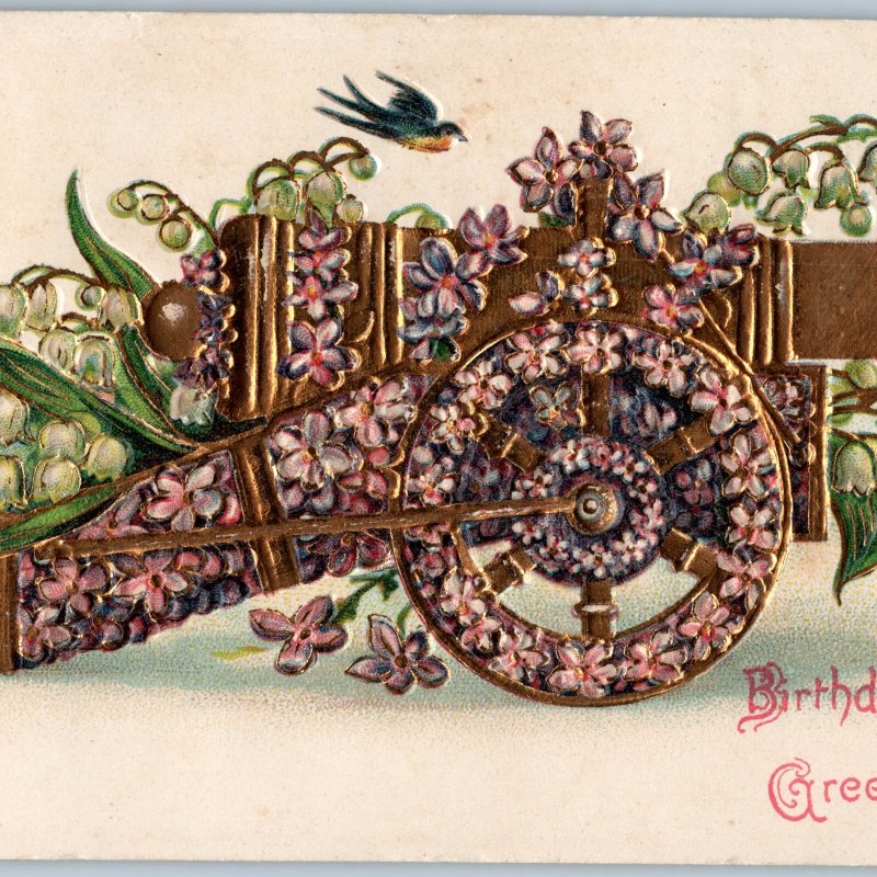 c1910s Cool Golden Flower Cannon Birthday Greetings Embossed Germany Birds A190