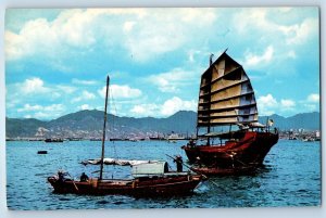 Hong Kong Postcard Cargo Junks In Hong Kong Harbour 1959 Vintage Posted
