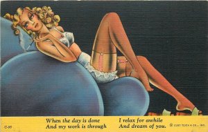 Postcard 1940s Sexy Woman lingerie reclining interior Teich linen TP24-1089