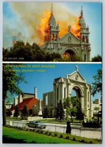 1968 St Boniface Cathedral Fire, Ruins, Winnipeg Manitoba, Split View Postcard#1
