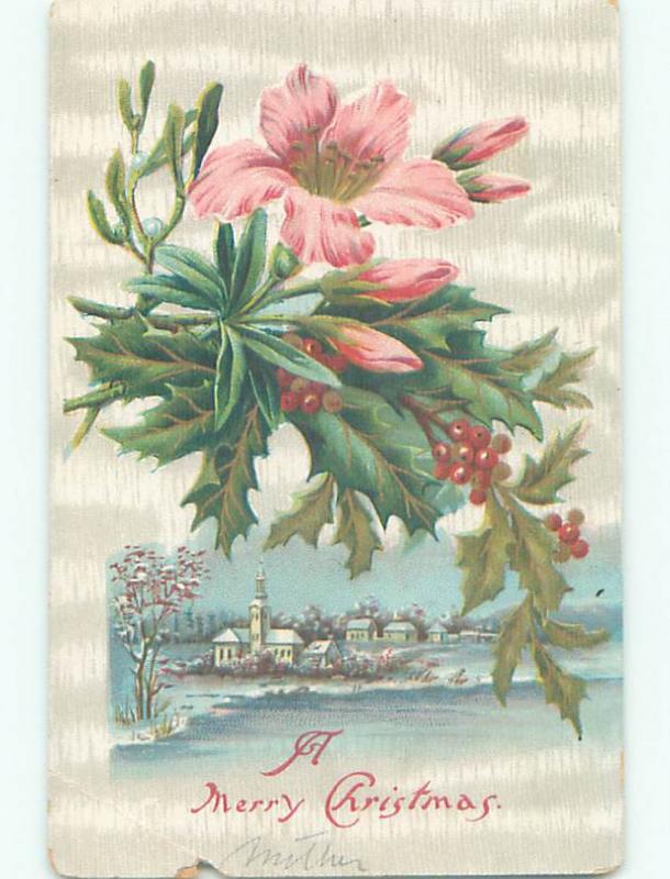 Pre-Linen christmas BEAUTIFUL PINK FLOWERS AND HOLLY OVER CHURCH k1183