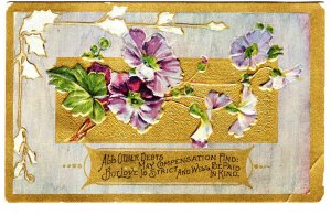 Embossed Shiny Flowers Leaves, Greeting Postcard Love Poem, Used 1910 Split Ring