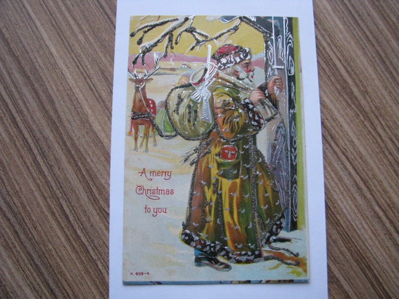 Santa Claus Antique Christmas Postcard Gold / Brown Robe #659-4 Unused Glitter