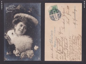 Germany postcard 1909 New Year woman portrait fur muff hat