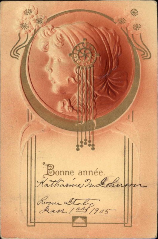 Art Nouveau Birthday Bonne Annee Little Girl c1905 Embossed Postcard