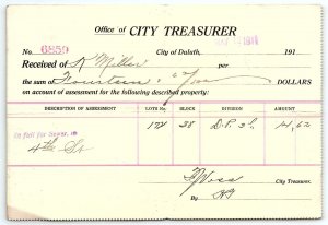 1911 DULUTH MINNESOTA OFFICE OF CITY TREASURER BILLHEAD RECEIPT Z5475