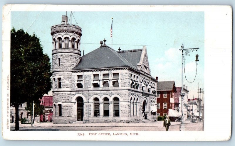 c1905 Post Office Building Tower People Street Lansing Michigan Antique Postcard