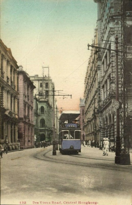 china, HONG KONG, Des Voeux Road, Tram (1910s) Postcard