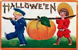 Vintage International Art Publishers Children & Giant Pumpkin Halloween Postcard