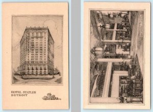 2 Postcards DETROIT, Michigan MI ~ Lobby HOTEL STATLER Exterior c1910s Postcard