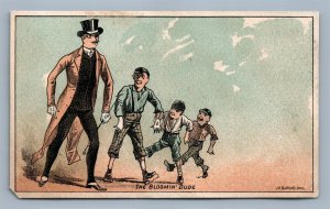 NEW YORK NY ANTIQUE VICTORIAN TRADE CARD STEWART BROS. ADVERTISING BLOOMING DUDE