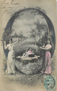 Alphabet letter O surrealism lovely ladies and children couple 1904