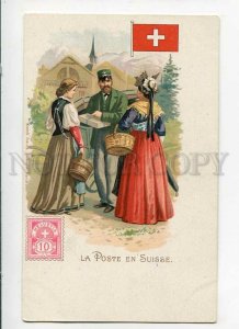 3090477 SWITZERLAND FLAG STAMP & postman Vintage lithograph PC