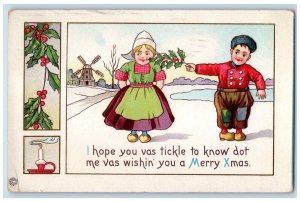 1915 Christmas Dutch Girl And Boy Windmill Holly Candle Steal Embossed Postcard