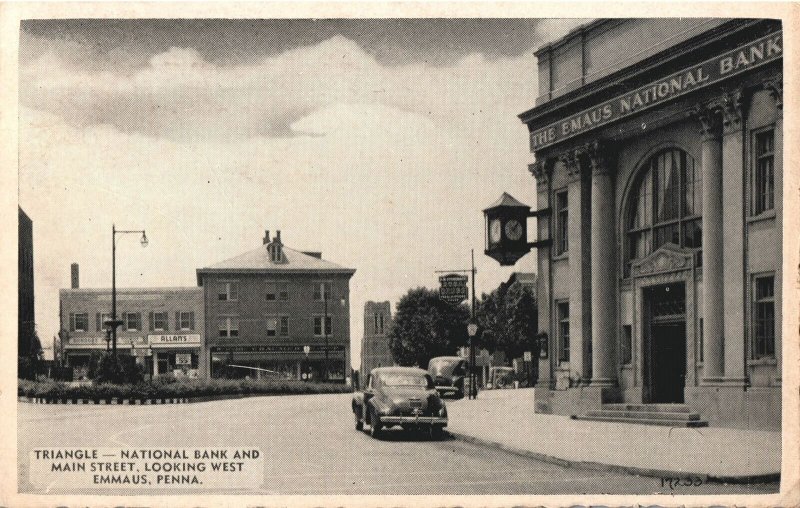 VINTAGE POSTCARD EMAUS NATIONAL BANK AND CLASSIC CAR AT EMMAUS PENNA MAILED 1941