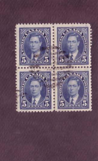 Canada, Used Block of Four, George VI, 5 Cent, Scott #235