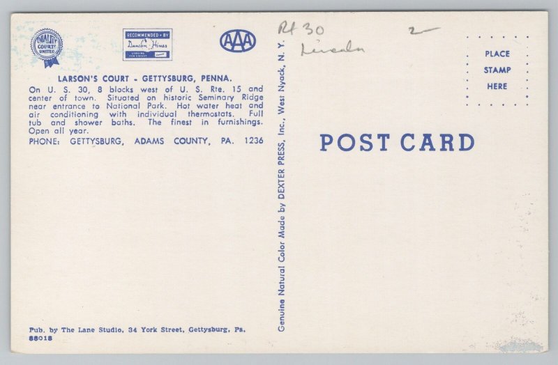 Gettysburg Pennsylvania~Larsons Court~Vintage Postcard