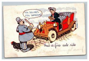Vintage 1907 Comic Postcard Cop Stops Woman in Antique Auto Nice Stamp