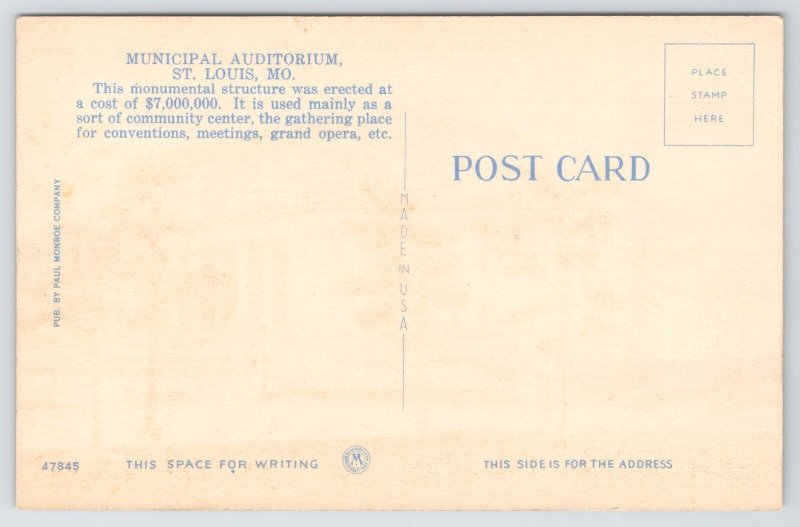 Linen~Municipal Auditorium~Monumental Structure~Corner~Courtyard~St Louis~Vtg PC