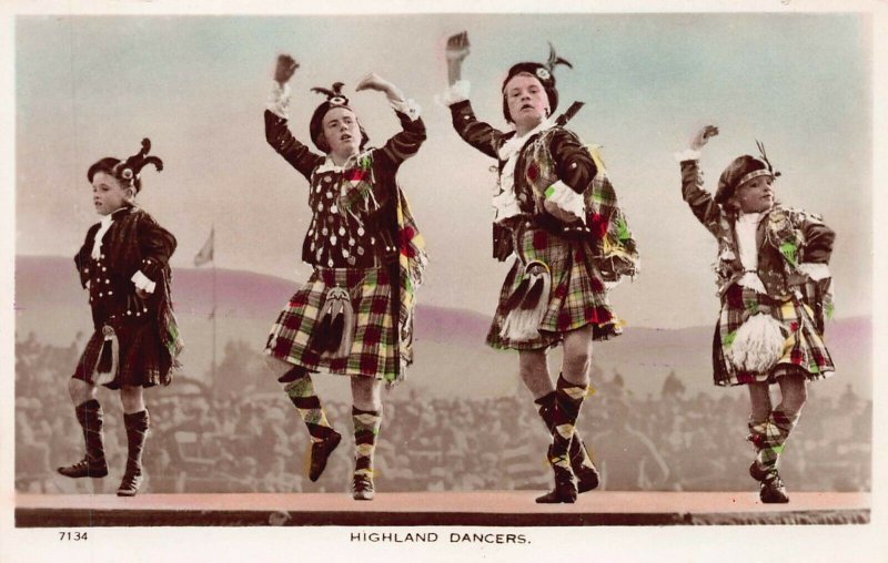 Highland Dancers, Scotland, early hand colored real photo postcard, unused