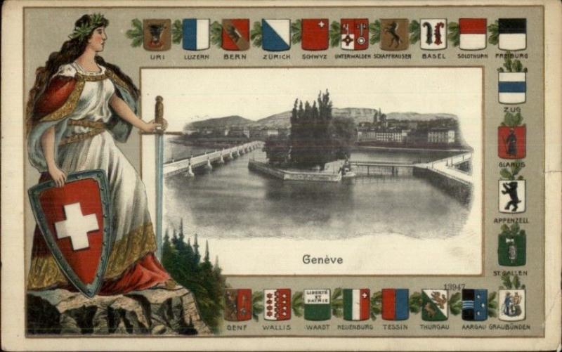 Geneve Geneva Switzerland Shields & Beautiful Woman Border c1910 Postcard