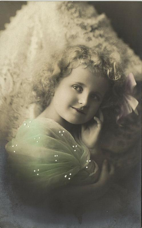 Sweet Young Curly Girl with Green Stole, White Painted Dots (1910s) A&J Co. RPPC