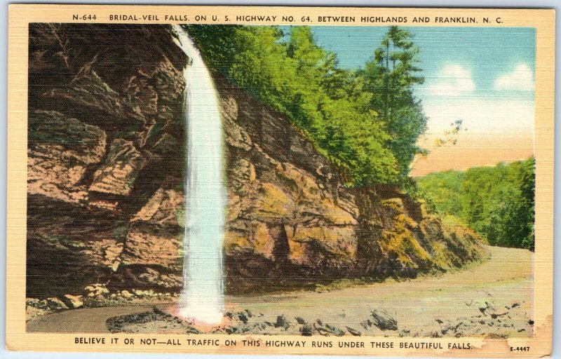 c1940s Highlands Franklin, NC Road Under Bridal Veil Falls Hwy 64 Linen PC A287