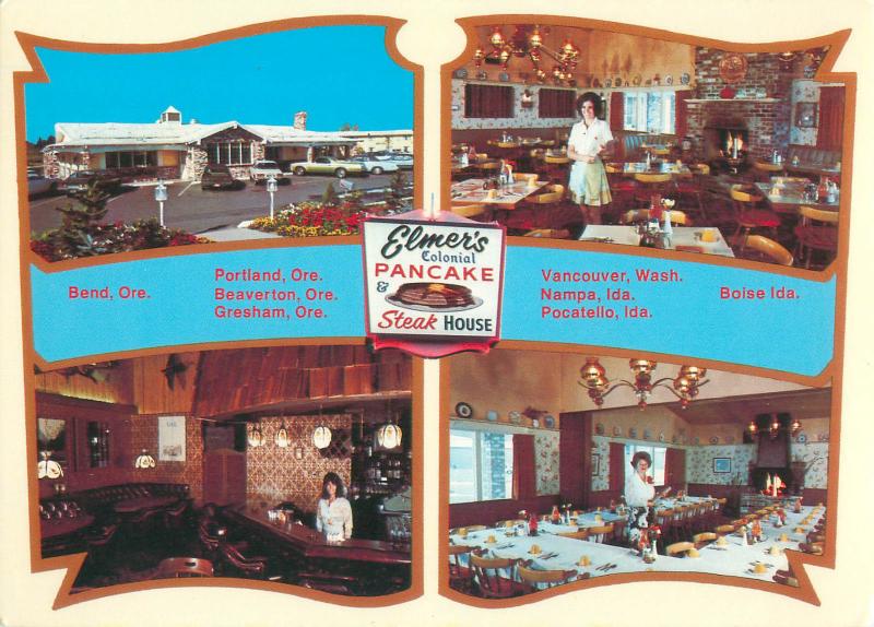 Oregon, Elmer's Colonial Pancake & Steak House 4 Views Vtg. Continental Postcard