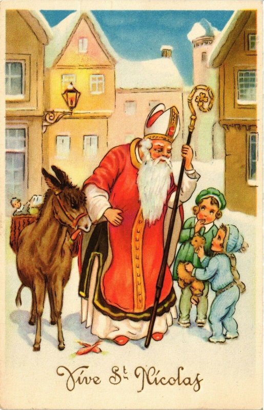 PC CPA SANTA CLAUS CHRISTMAS, ST.NICOLAS WITH DONKEY & CHILDREN (b15042)