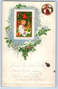 c1910s Christmas Boy With Candy Cane Toys Berries Winter Scene Embossed Postcard